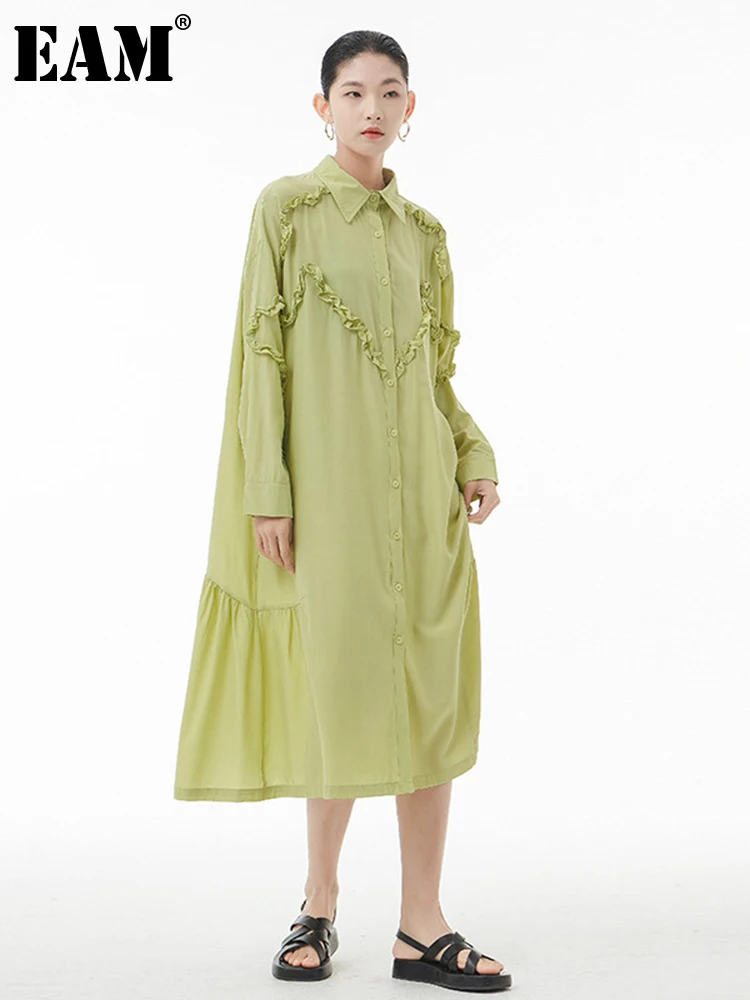 

[EAM] Women Green Ruffles Big Size Long Shirt Dress New Lapel Long Sleeve Loose Fit Fashion Tide Spring Autumn 2023 1DE8153
