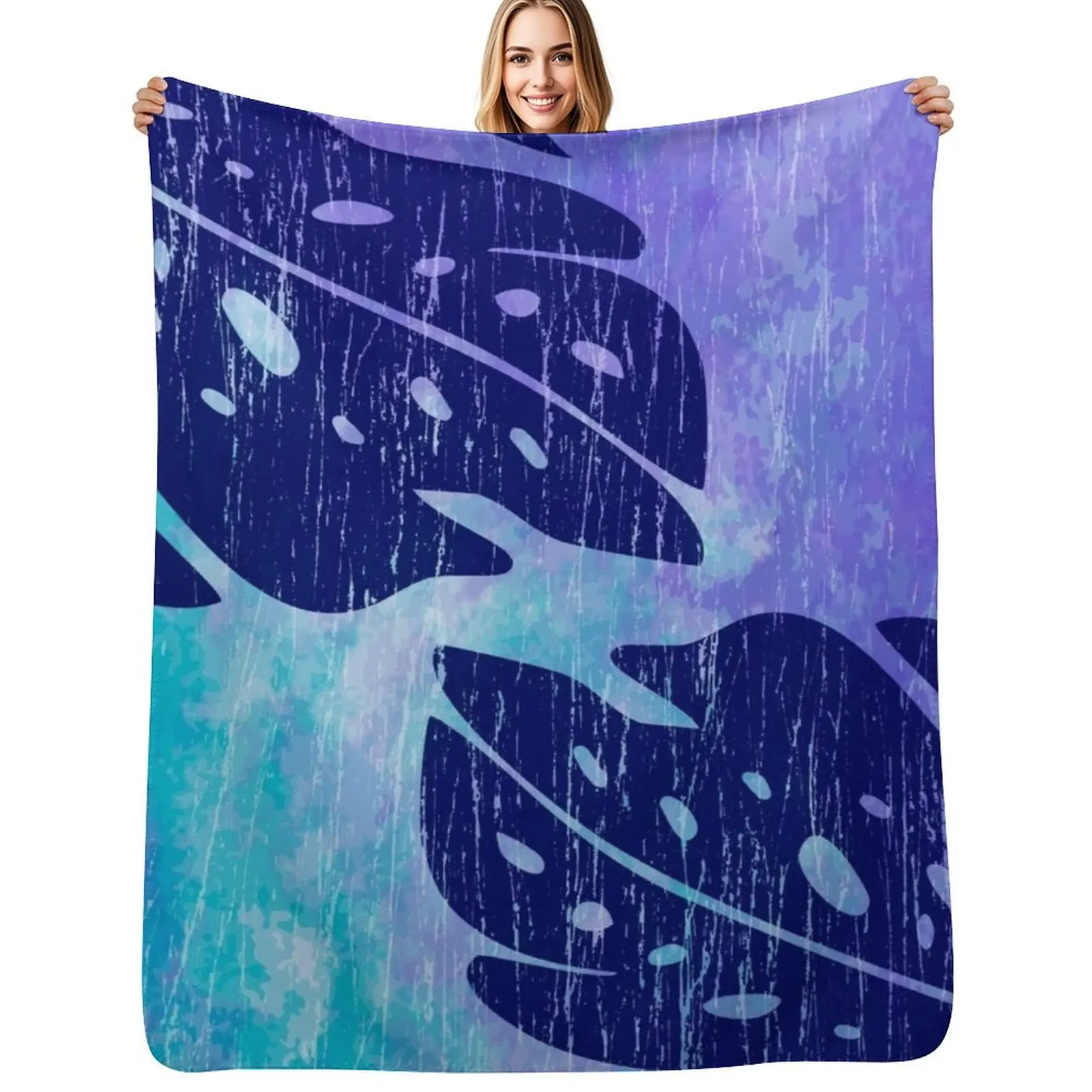 Фото Плед Maikai Hawaiian Monstera Leaf Tie-Dye Blend - фиолетово-бирюзовый, свободный, для дивана, из фланели, на заказ, для путешествий. №1