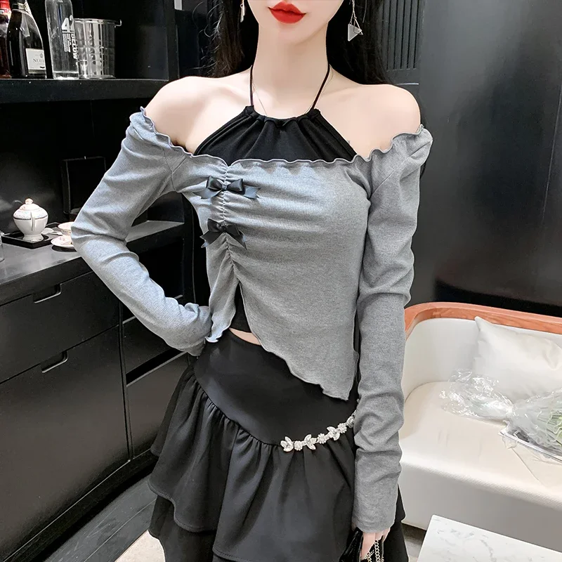 Женские милые футболки с длинным рукавом укороченные топы-туника бантом