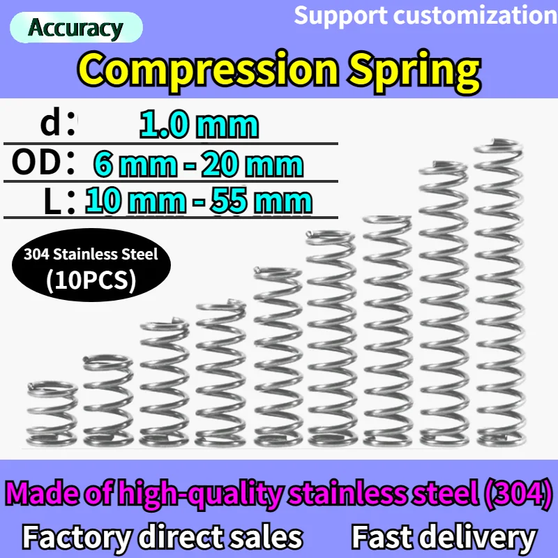 

10 Pcs Wire Diameter 1.0 mm 304 Stainless Steel Compression Spring Shock Absorbing Return Spring Damping Pressure Spring Custom