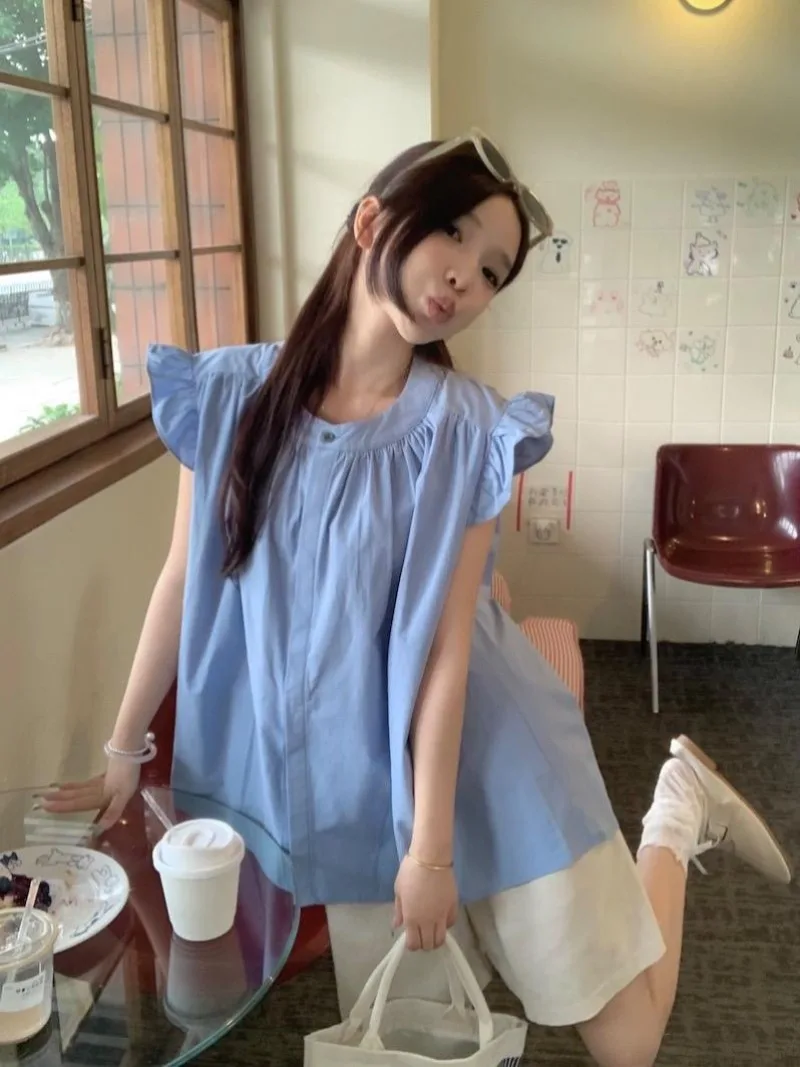 Милые женские рубашки с летающими рукавами свободные повседневные корейские