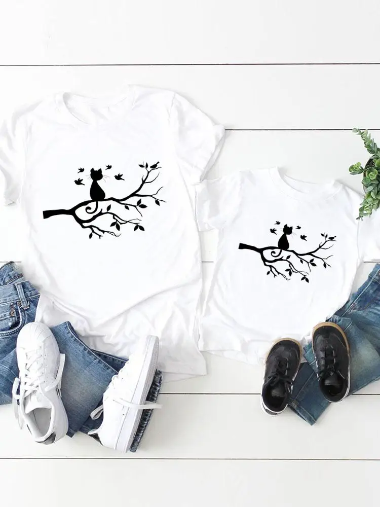 

Graphic T-shirt Tee Women Child Kid Clothing Boy Girl Summer Cat 90s Animal Cartoon Mom Mama Clothes Family Matching Outfits