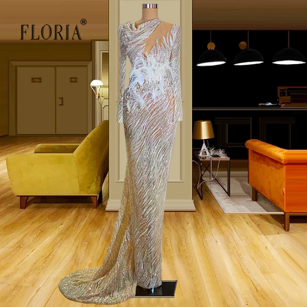 

Abendkleider Beaded Evening Dresses Robe De Soiree Champagne Arabic Long Party Night Feathers Celebrity Gowns Formal Prom Dress