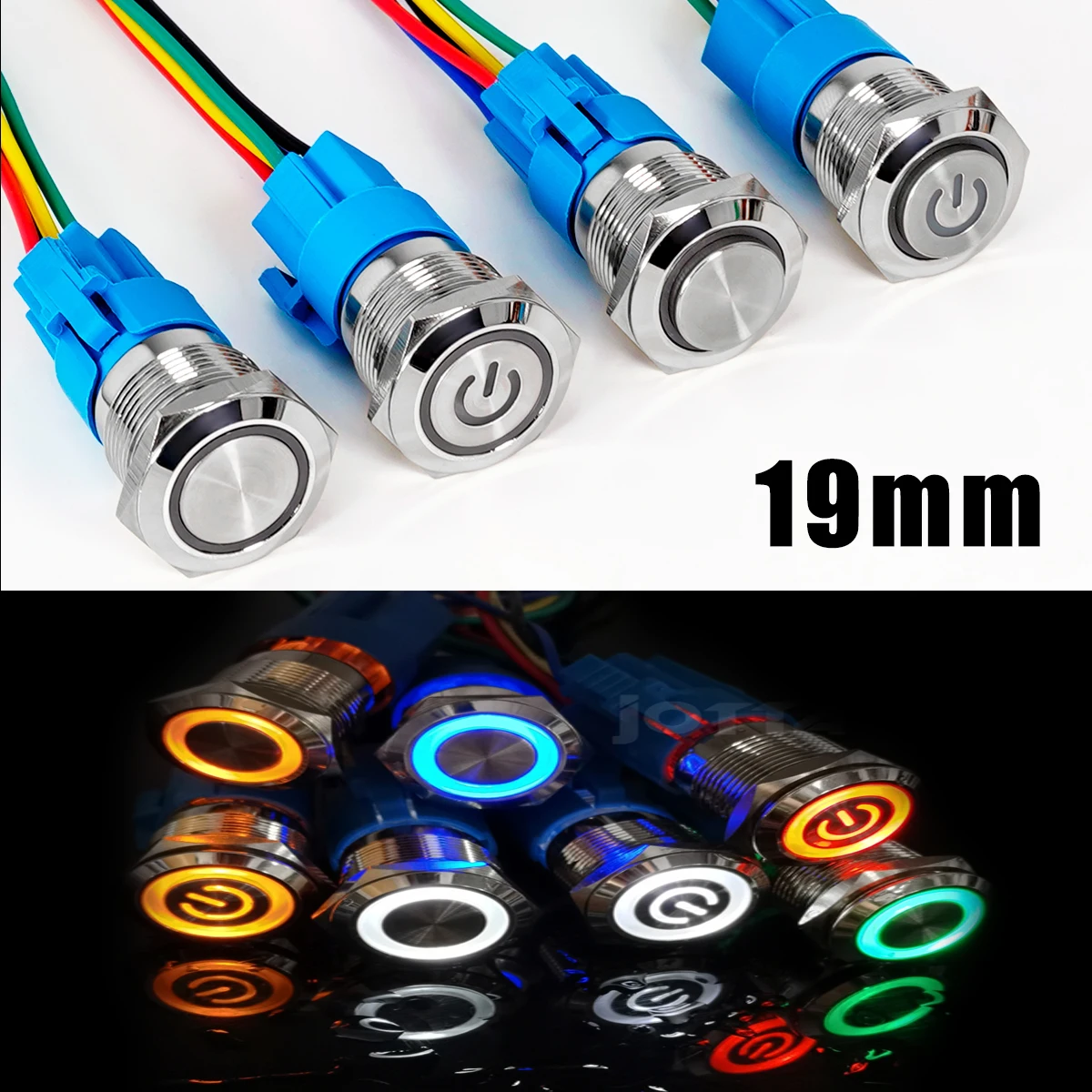 

19mm Metal Push Buttom Switch Flat/High Head On-Off Ring Lamp Power Symbol Copper Shell Waterproof Momentary Latching