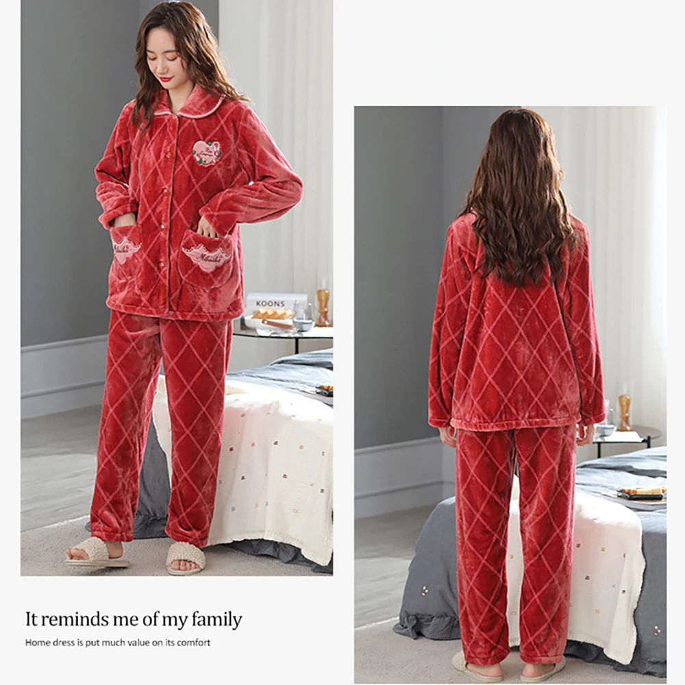 Women's Winter Flannel Night Wears Thick Warm Christmas Pajamas for Women Cozy Soft Pyjamas Sets Fashion Embroidery Plaid Pijama