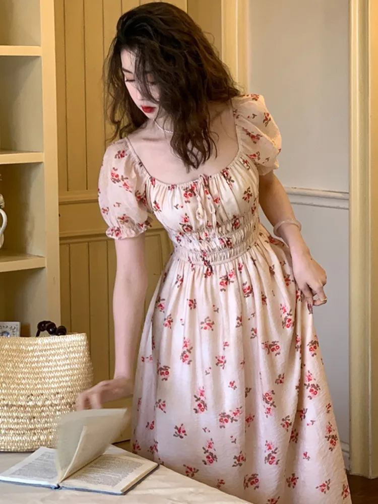 

Summer Casual Flower Print Puff Sleeve Beach Dress Women Sweet Princess Square Collar Big Swing Holiday Robe Elegant Clothing