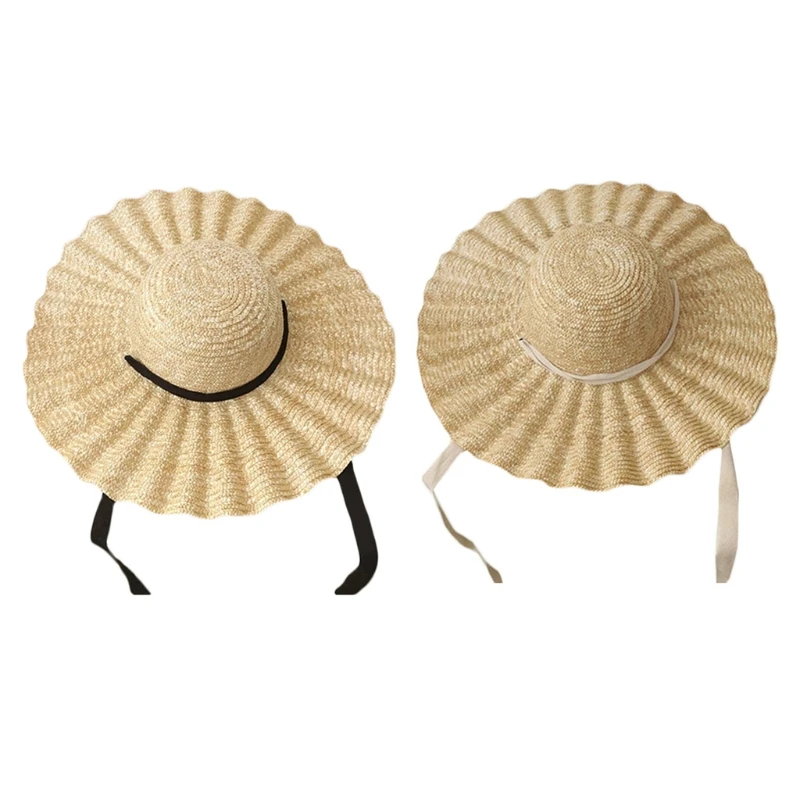 

Wide Brim Straw Hat with Ribbon Wavy Pattern Sun Protection Outdoor Beach Sunhat Summer 55KD