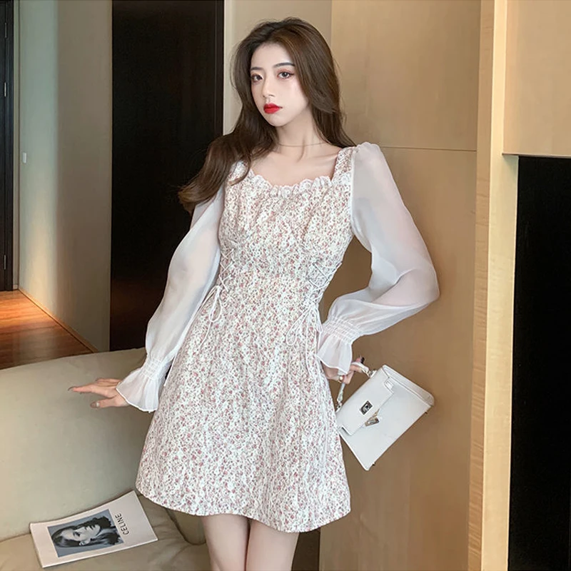 

Spring Summer Women Square Collar Floral Printed Dress Lace Trendy Ruffles Vestidos Female Full Sleeve Elegant Mini Casual Gowns