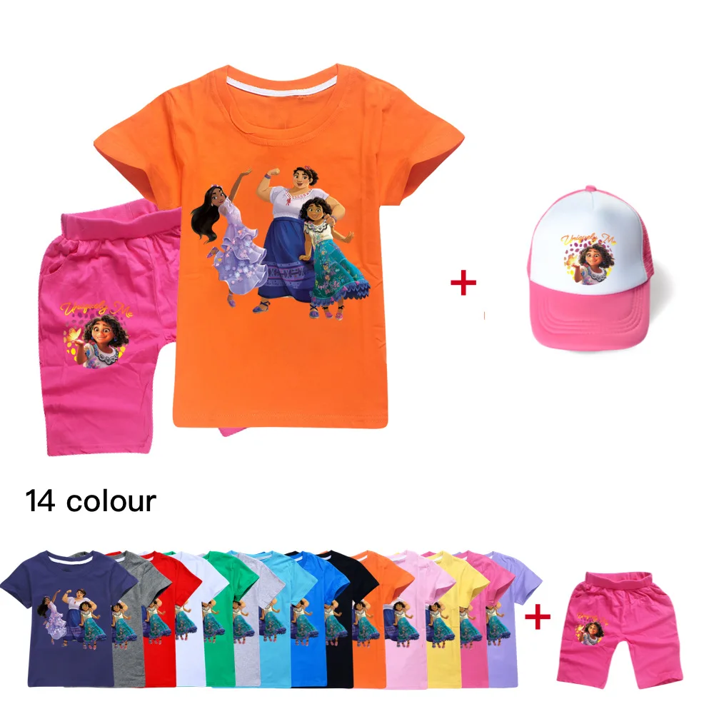

2022 Boys Clothes T-Shirt Summer Disney Encanto Cartoon Toddler Girl Top + Pants + Hat 3 Piece Sports Suit