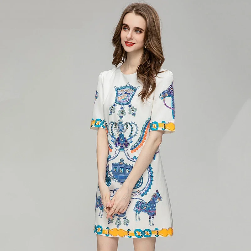 

Женское платье мини с круглым вырезом, модельное роскошное Свободное платье с коротким рукавом и принтом со стразами, праздничное летнее платье