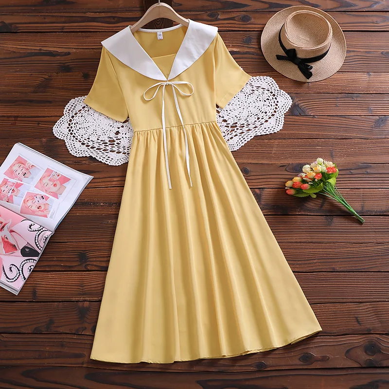 

Japanese Mori Girl Style Cute Sweet Dress Women Summer Short Sleeve Sailor Collar Bow Lace Up Casual A-Line Dresses Yellow Blue