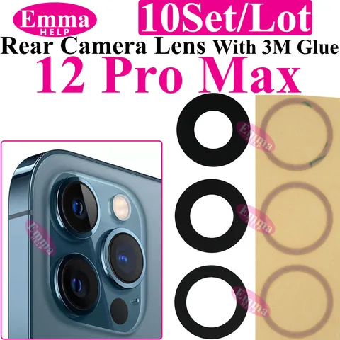 Emmahelp 10 шт. A+ Стекло задней камеры для iPhone 11 12 13 14 15 Pro Max 13Mini XR XS 14Plus Крышка задней камеры Объектив 3M Наклейка