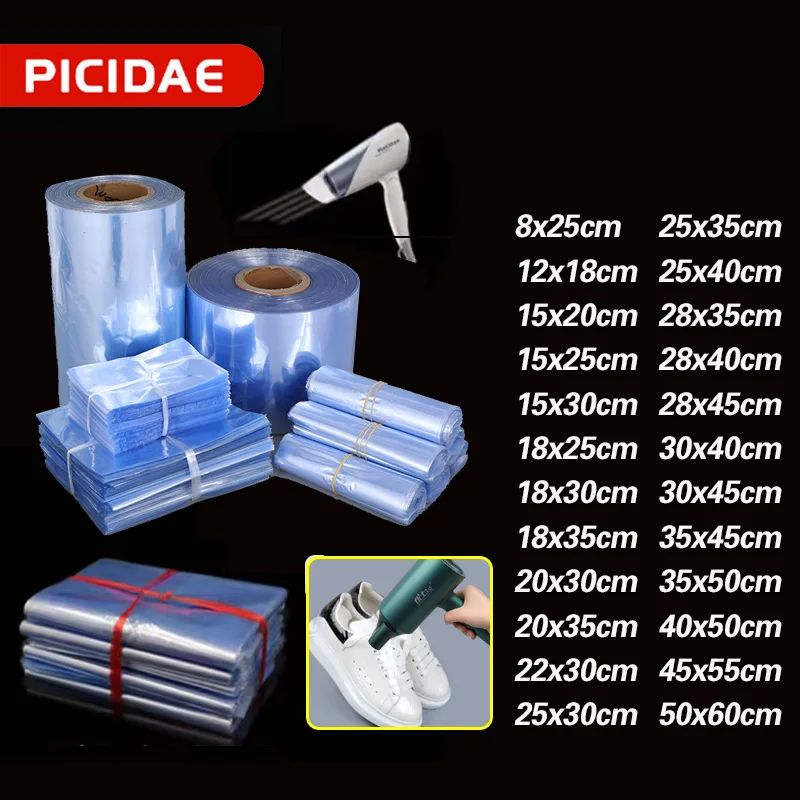 100pcs/200pcs PVC Heat Shrink Film Bag Wrap Storage  Seal Packing Bag Clear Polybag Cosmetics Blower Heat Seal Wrap Sealbag