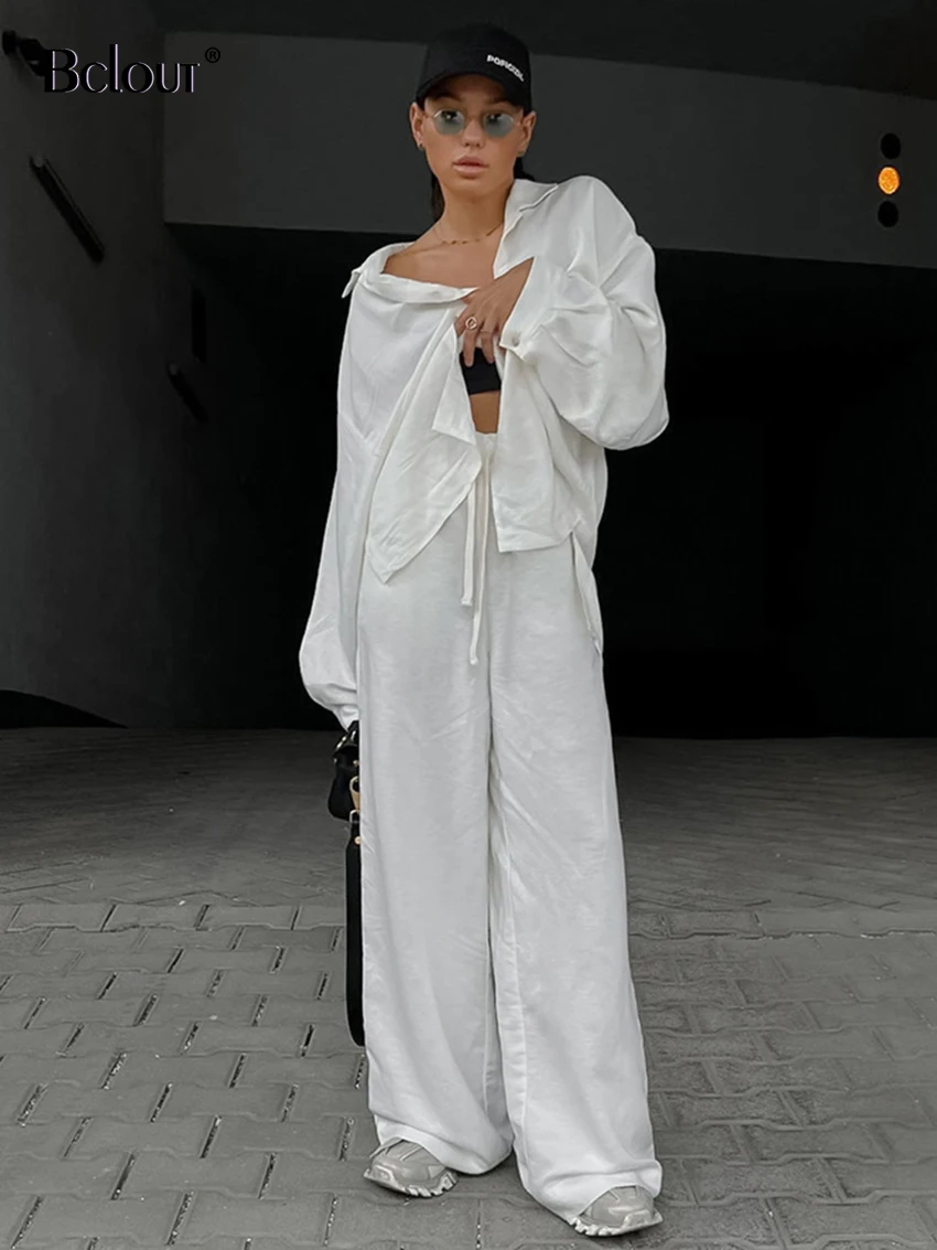 

Bclout Fashion Loose Cotton Pants Sets Womens 2 Pieces Summer White Long Sleeve Loose Tops Streetwear Wide Leg Long Pants Suits