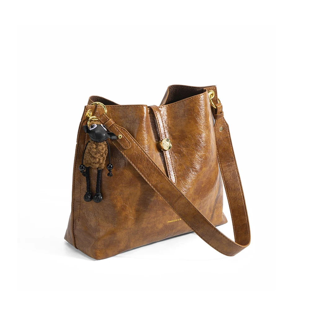 

Сумка-мешок женская из вощеной кожи, модный саквояж на плечо большой вместимости в стиле ретро, повседневная простая Винтажная сумочка
