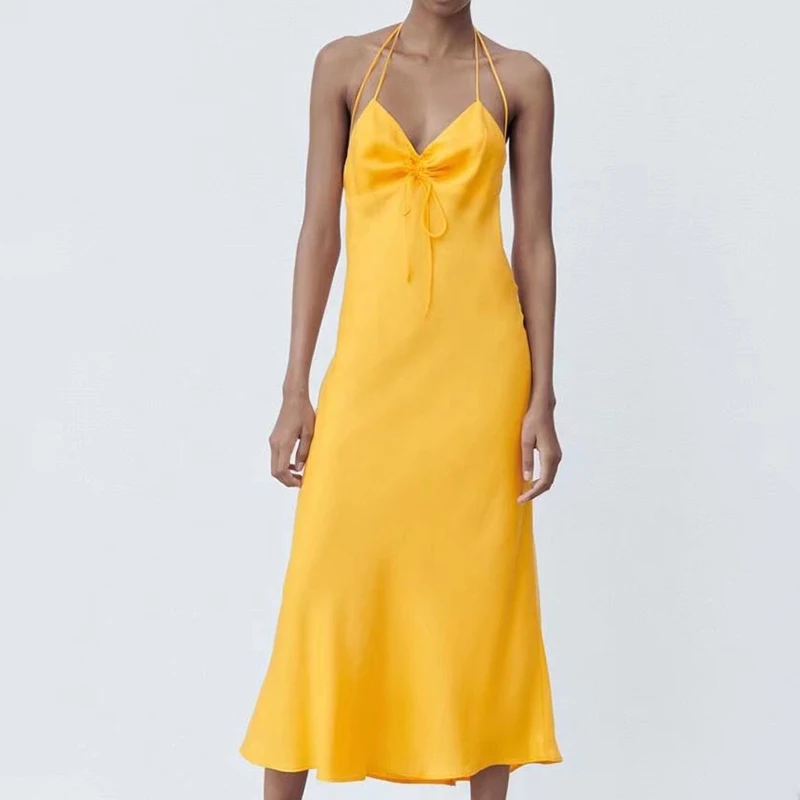 

2022 летнее женское платье-комбинация с зеркальной текстурой на шнуровке, сексуальное длинное платье без рукавов с воротником-хомутом и откр...