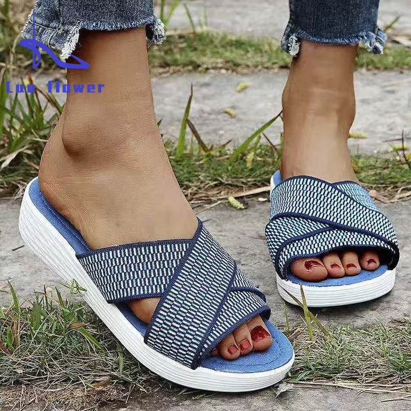 

Women Sandals 2022 Fashion Wedges Shoes for Women Elastic Fabric Slippers Summer Sandals Flip Flops Women Beach Casual Shoes T
