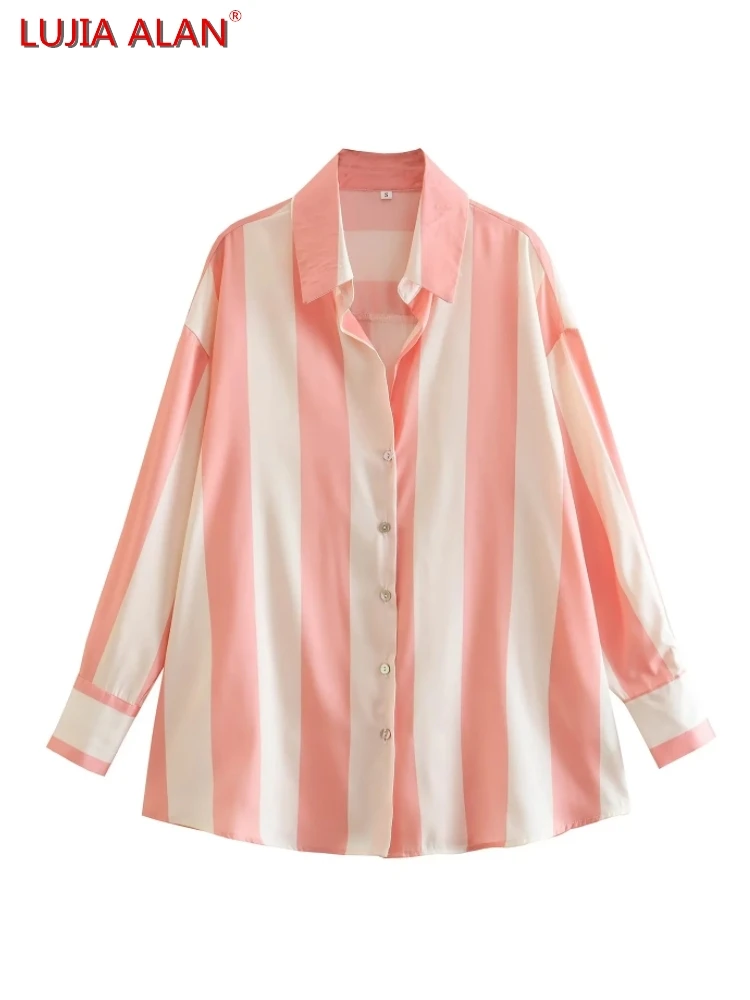 

2023 New Women Striped Satin Shirts Female Long Sleeve Office Blouse Casual Loose Tops LUJIA ALAN B1616