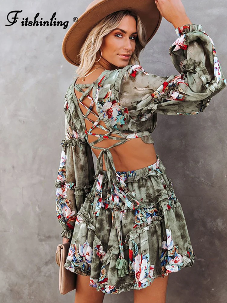 Fitshinling Backless Lace Up Chiffon Dress Ruffles Lantern Sleeve Cut Out Pareos Print Floral Sexy Deep V Neck Robe Slim Dresses |