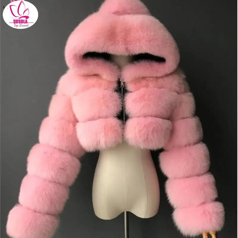 

SUSOLA High Quality Furry Cropped Faux Fur Coats And Jackets Women Fluffy Top Coat With Hooded Winter Fur Jacket Manteau Femme
