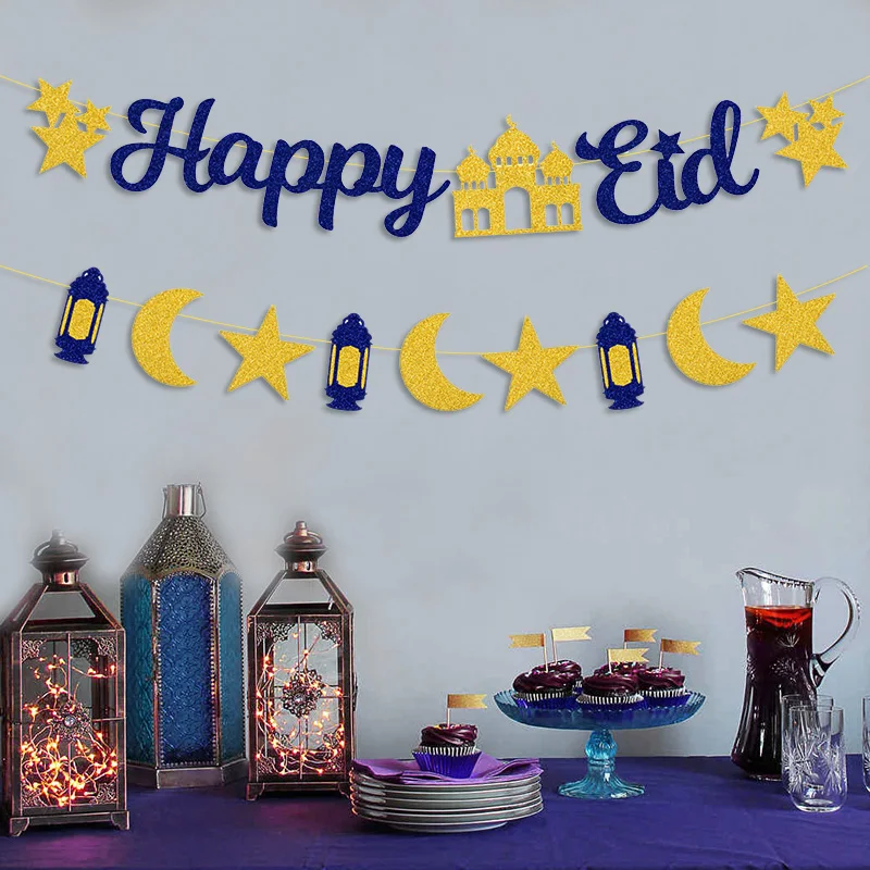 

2022 New Products Muslim Party Glitter Banner Ramadan Eid Mubarak Glitter Paper Pull Flag Pull Flower Banner Decoration