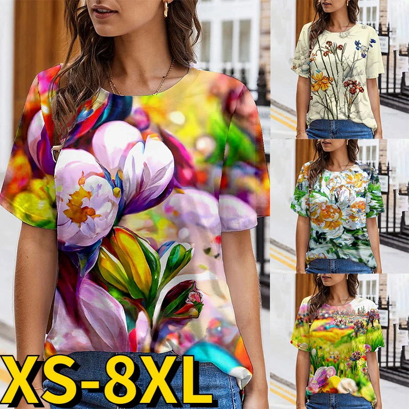 

2022 New Oversized Summer Tops 2022 New Women Short Sleeve 3D Flower Print T Shirt Streetwear Loose Casual Female Tee Tops Size