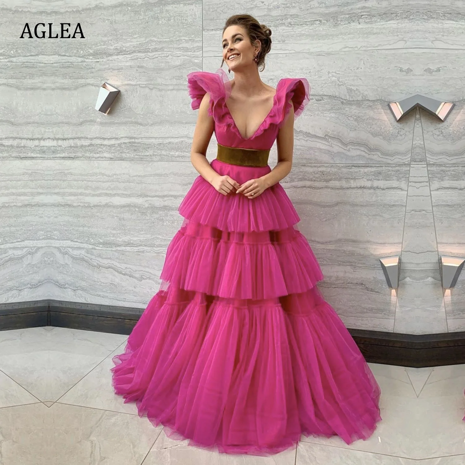 

Женские вечерние платья AGLEA, элегантные деловые платья в пол с V-образным вырезом и оборками в несколько рядов