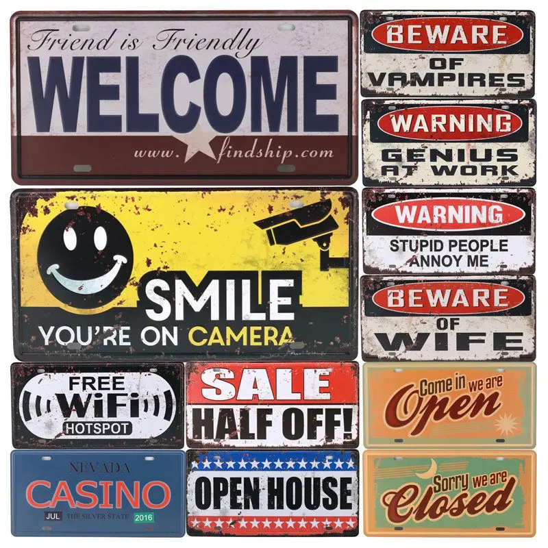 

Welcome Free WIFI Warning Signs Vintage Rust Metal Tin Signs Bar Coffee Shop Wall Plaques Iron Painting Decor Car License Plates