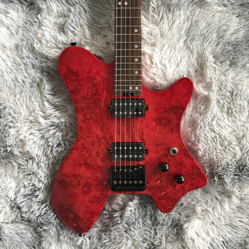 

Portable headless electric guitar log-colored travel guitar ASH body tree tumor veneer round head stainless steel wire red