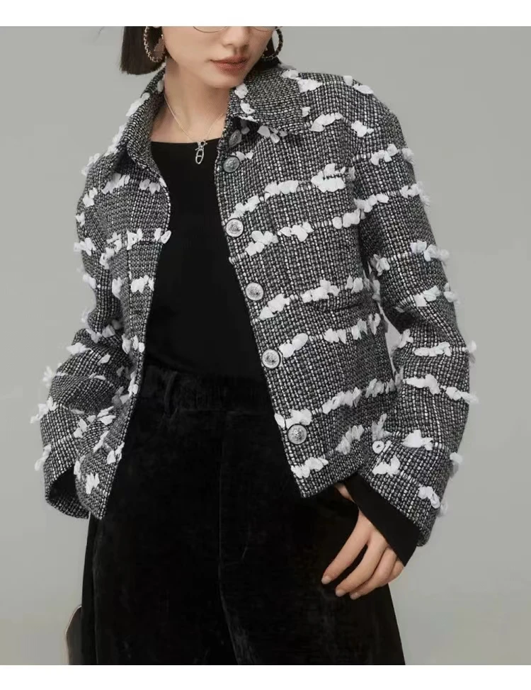 

Женское твидовое пальто с цветочным рисунком Jelly-Wool, топ повседневного пригородного транспорта, премиум-заказ, осень и зима, 2023, новинка