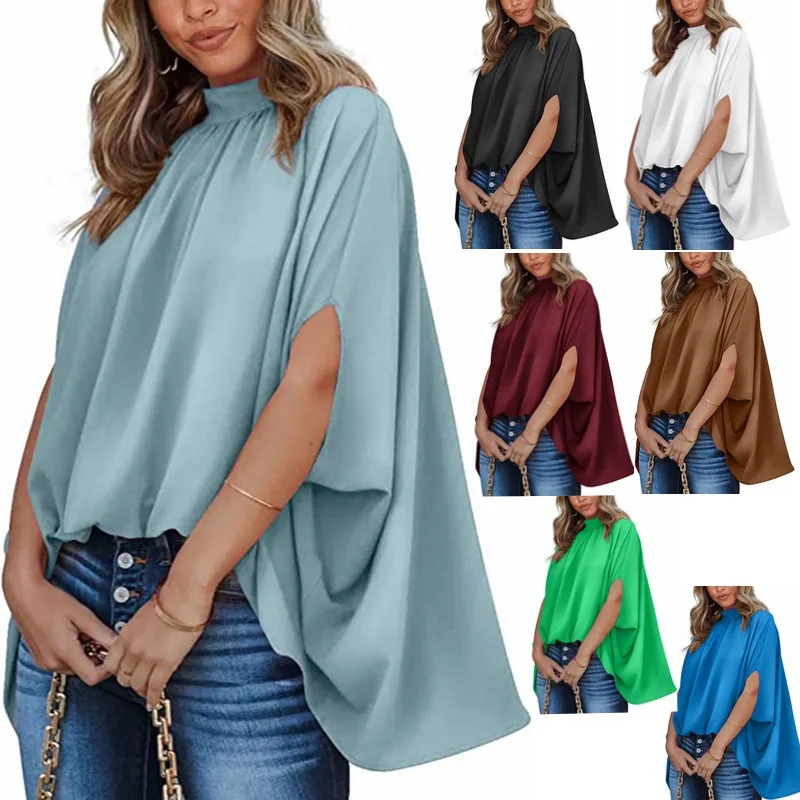 

2023 New Popular Front Short After Long Solid Color Batwing Sleeve Tops Round Neck Casual Loose Irregular Hem Loose Pullover Top