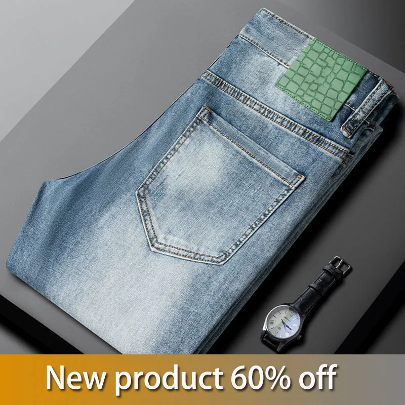 Leather brand washed blue jeans men's summer thin slim-fit small feet straight casual pants tide