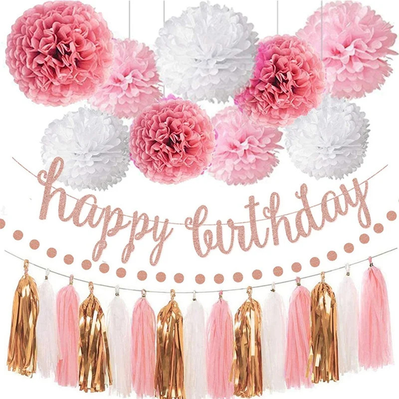 

New-Rose Gold Birthday Pull Flag Fringe Set Birthday Party Decoration Pull Flag Paper Flower Fringe