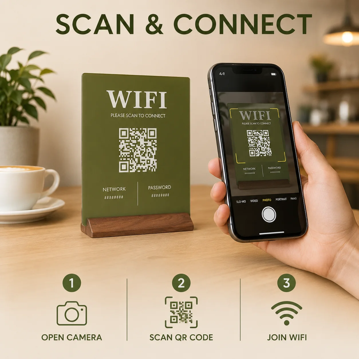 Фото Индивидуальная табличка с QR-кодом для Wi-Fi пароля, современная акриловая настольная табличка с деревянной подставкой для декора Airbnb, салона, спа, отеля, офиса, дома. №4