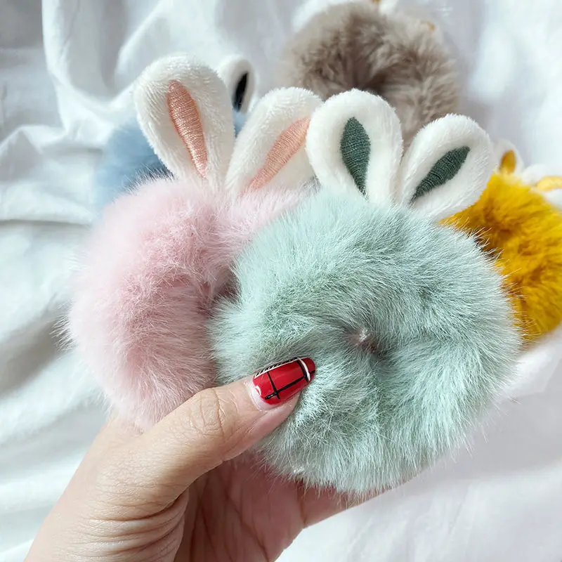 

Candy Color Plush Hair Rope Imitation Rabbit Fur Rabbit Ears Elastic Hair Band Fluffy Hair Ring Lovely Girls Hair Accessories