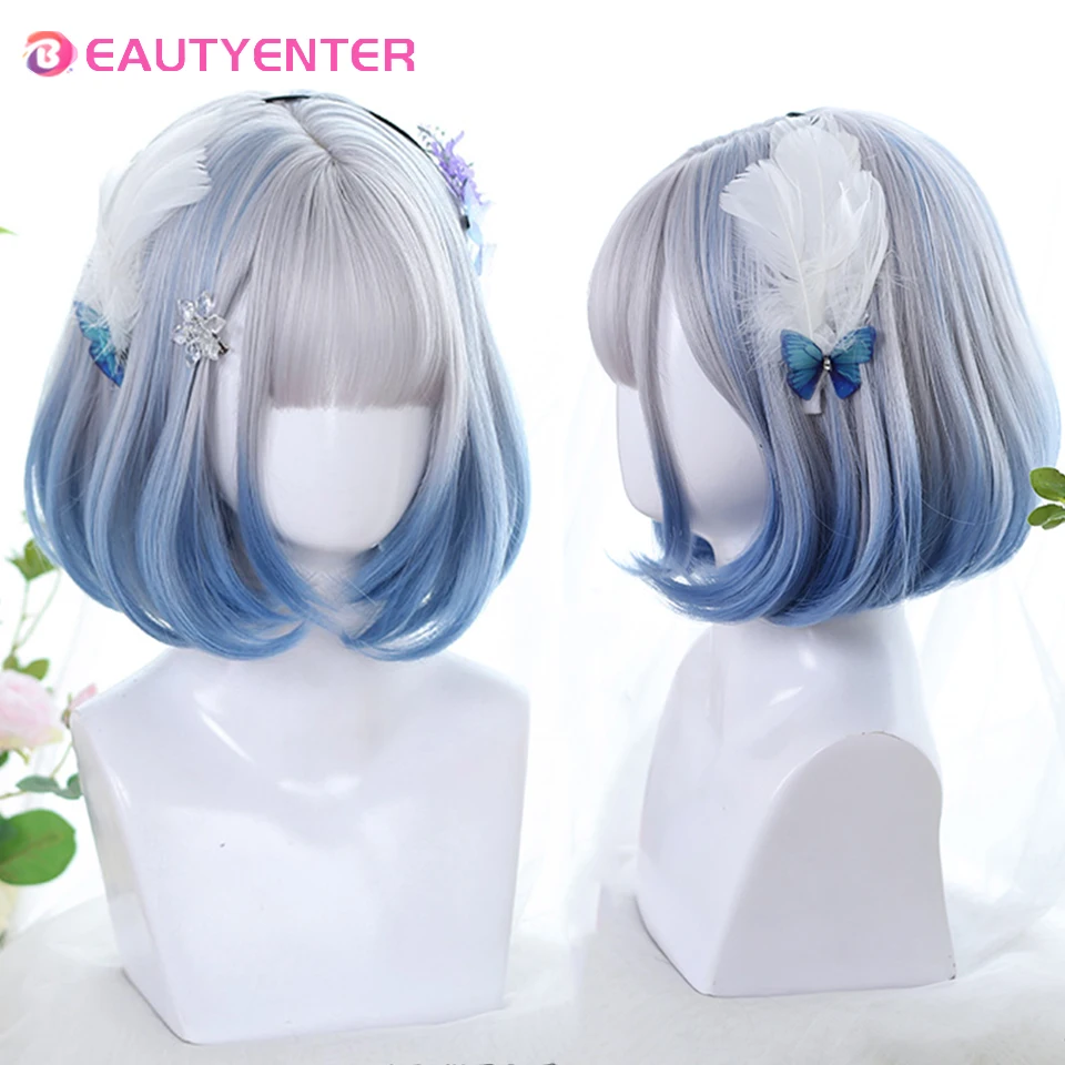 

BEAUTYENTER Synthetic Wig Blue curly hair Wig With Bangs For Women Long Blue Hair Layered Heat Resistant Cosplay