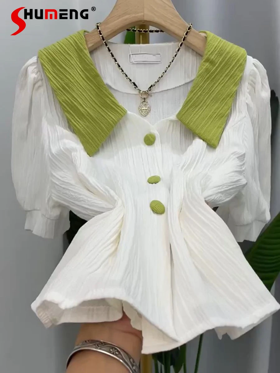 

Simple Woman Summer Short Puff Sleeve Shirt Female 2022 New Korean Style Loose Peter Pan Collar Contrast Color Button Up Blouse