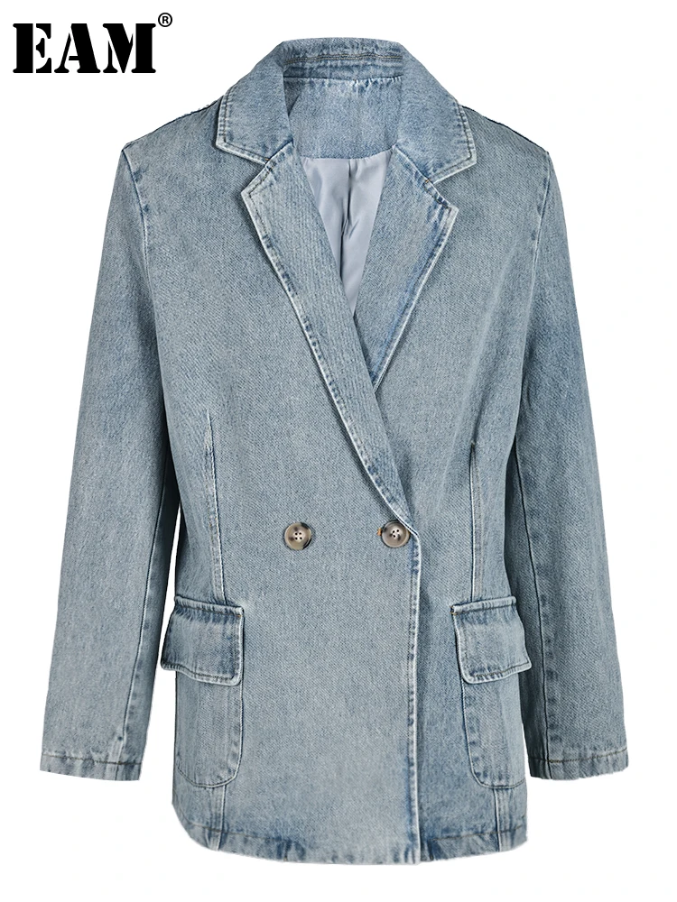 

[EAM] Loose Fit Blue Denim Big Size Cintage Jacket New Lapel Long Sleeve Women Coat Fashion Tide Spring Autumn 2023 25X01667