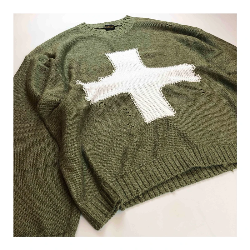 KAPITAL 21AW Cross Hole Hole Pullovers Sweater Round Neck Long Sleeved Sweater For Men And Women