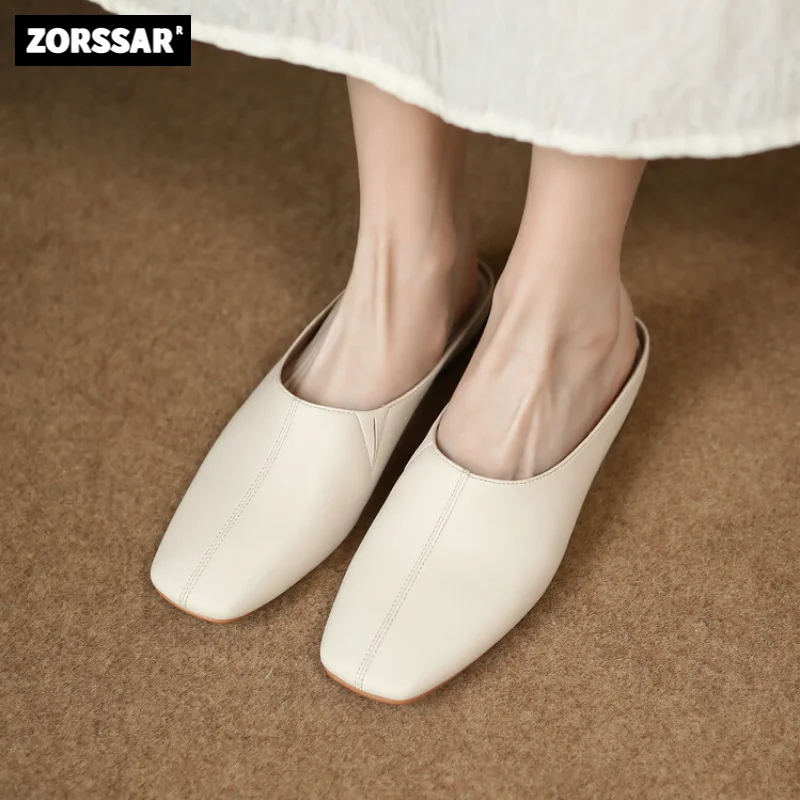 

Slippers Flat For Women 2023 New Female Square Toe Soft Bottom Flats Mules Fashion Genuine Leather Women Sandal Outdoor slippers