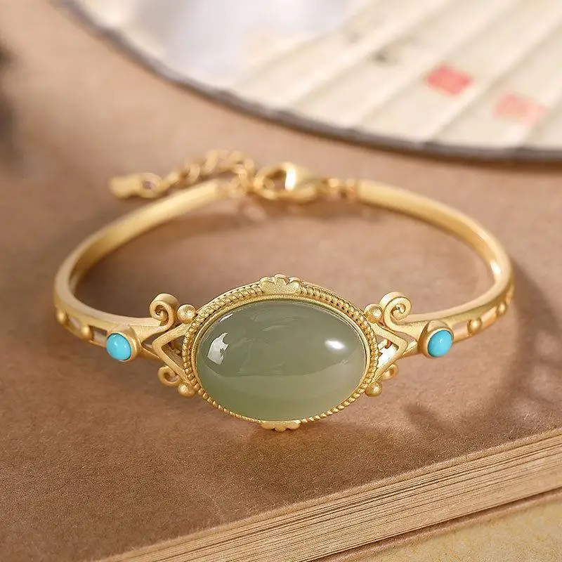 

S925 Sterling Silver Gold-Plated Natural Hetian Jade White Jade Bracelet Turquoise Vintage Court Style Ladies Brace Lace Bracele