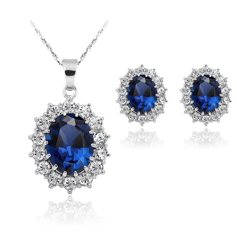 

Europe and the United States Best-selling Jewelry Wholesale Fashion Set Sapphire Stud Earrings + Necklace Jewelry Set
