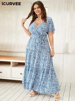 icurvee plus size bohemian floral printed summer maxi dress women sexy short sleeve v neck belted long robe femme party sundress