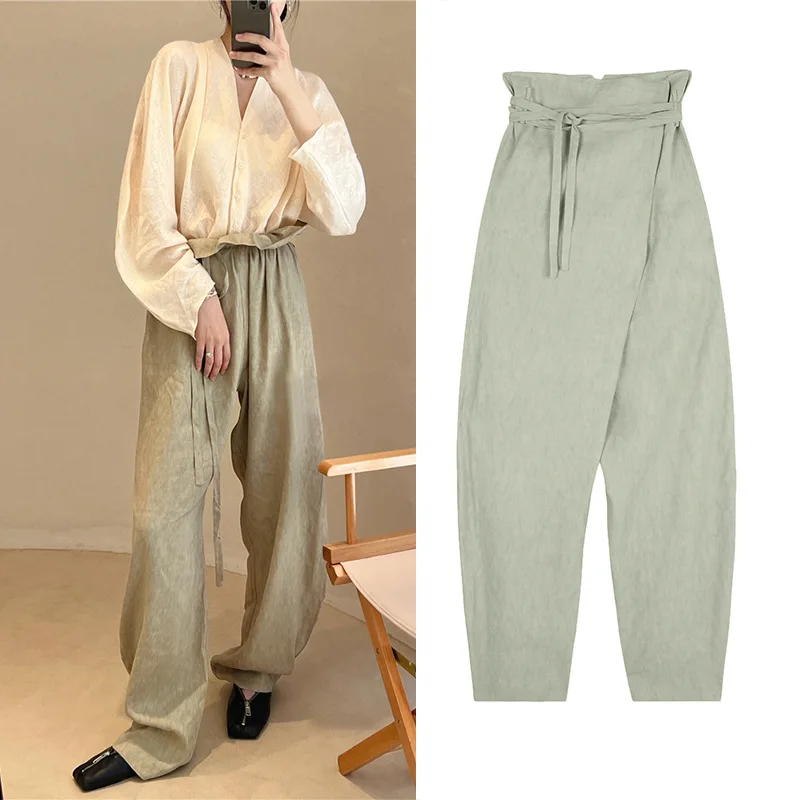 

Женские однотонные свободные брюки с широкими штанинами, осень 2022, Женские повседневные длинные брюки с высокой талией и поясом