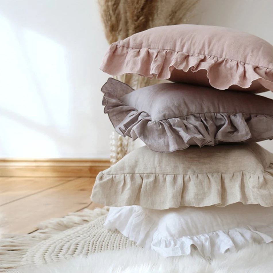 100% Pure Linen Ruffle Throw Pillowcases,Soft Comfortable Cu
