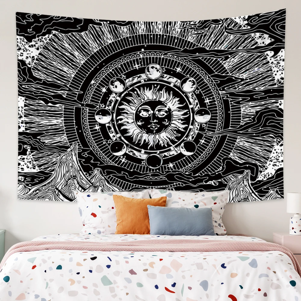 

Mon And Sun White Black Tapestry Psychedelic Aesthetic Wall Hanging Divination Backdrop Yoga Kid Bedroom Living Room Blankets