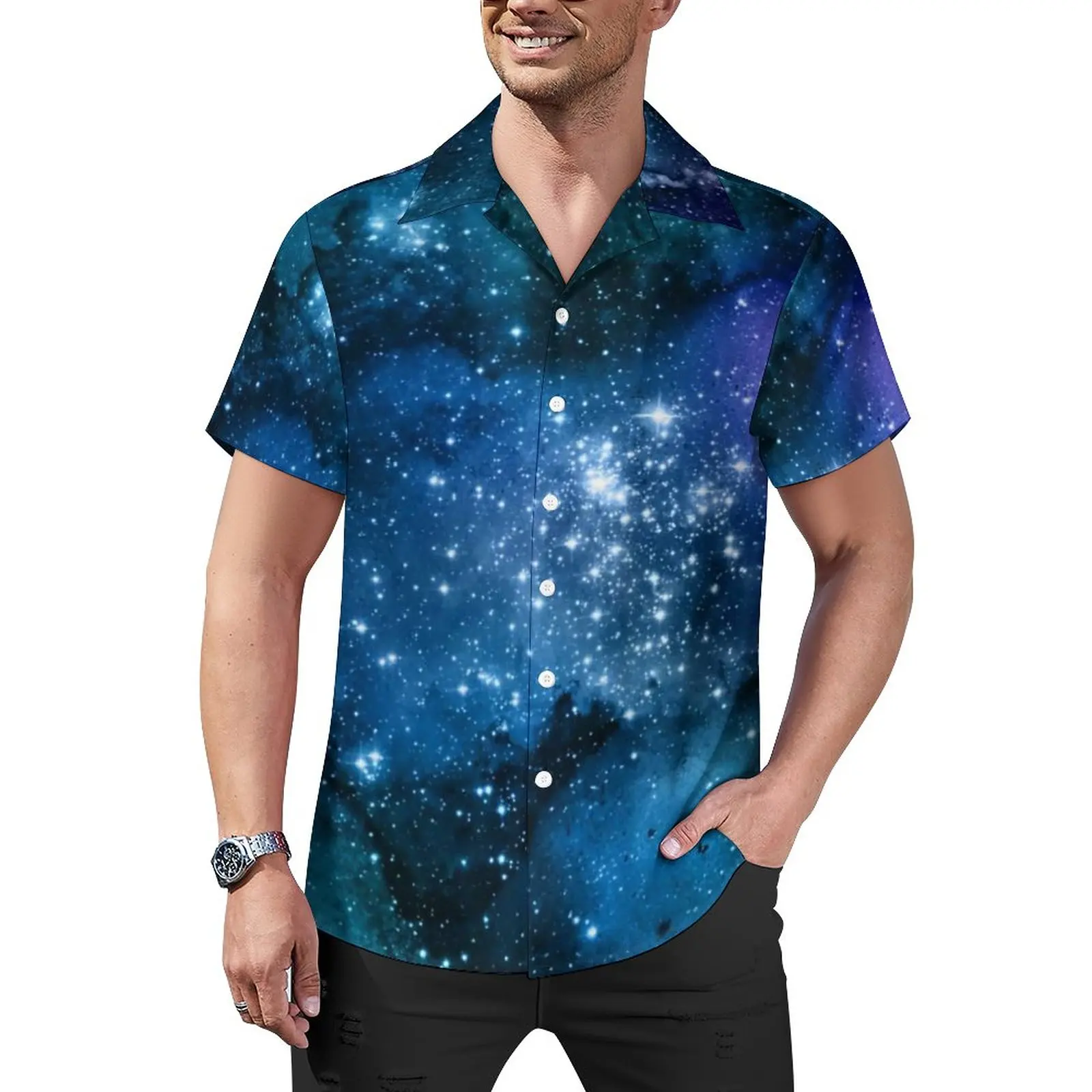 

Blue Sky White Sparkles Loose Shirt Men Beach Galaxy Lovers Starry Space Casual Shirts Hawaiian Custom Trending Oversize Blouses