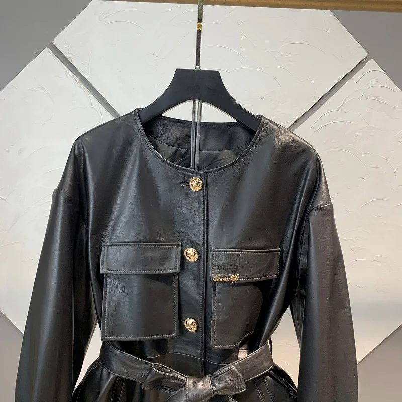 Женская кожаная куртка средней длины черная однобортная из 2024 натуральной