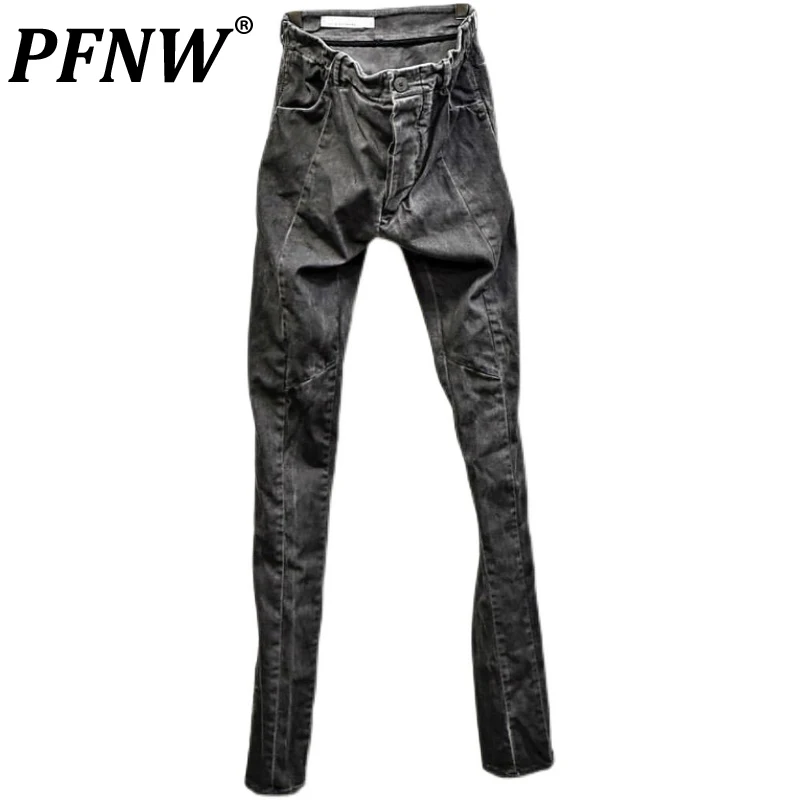 PFNW Darkwear Tie Dyeing Worn Slim Cut Asymmetrical Straight Pencil Pants Jeans For Men Tide Chic Skinny Denim Trousers 12A5052