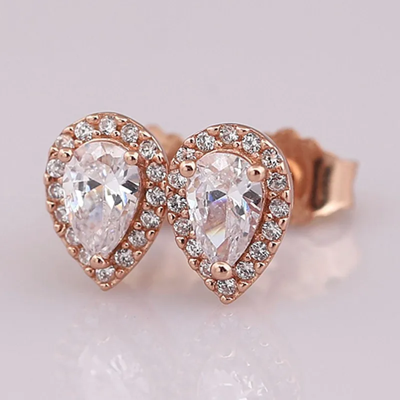 

Authentic 925 Sterling Silver Sparkling Rose Radiant Teardrops With Crystal Stud Earrings For Women Wedding Gift Fashion Jewelry